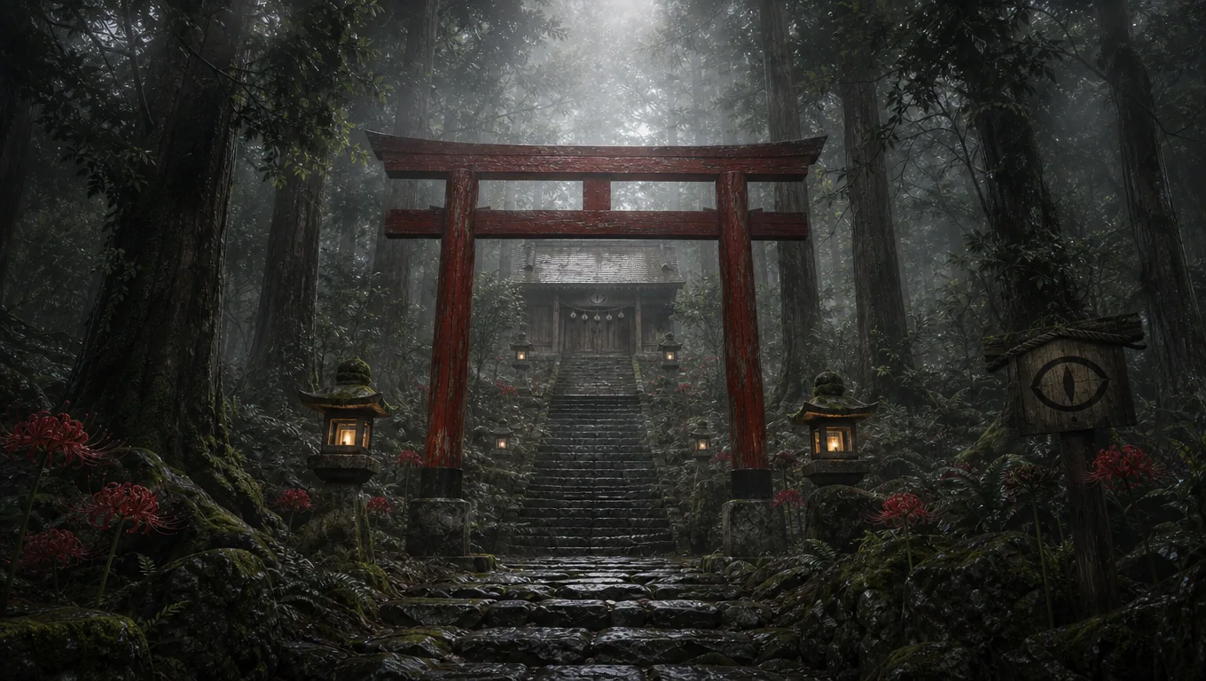 霧と彼岸花に囲まれた村の後方の社